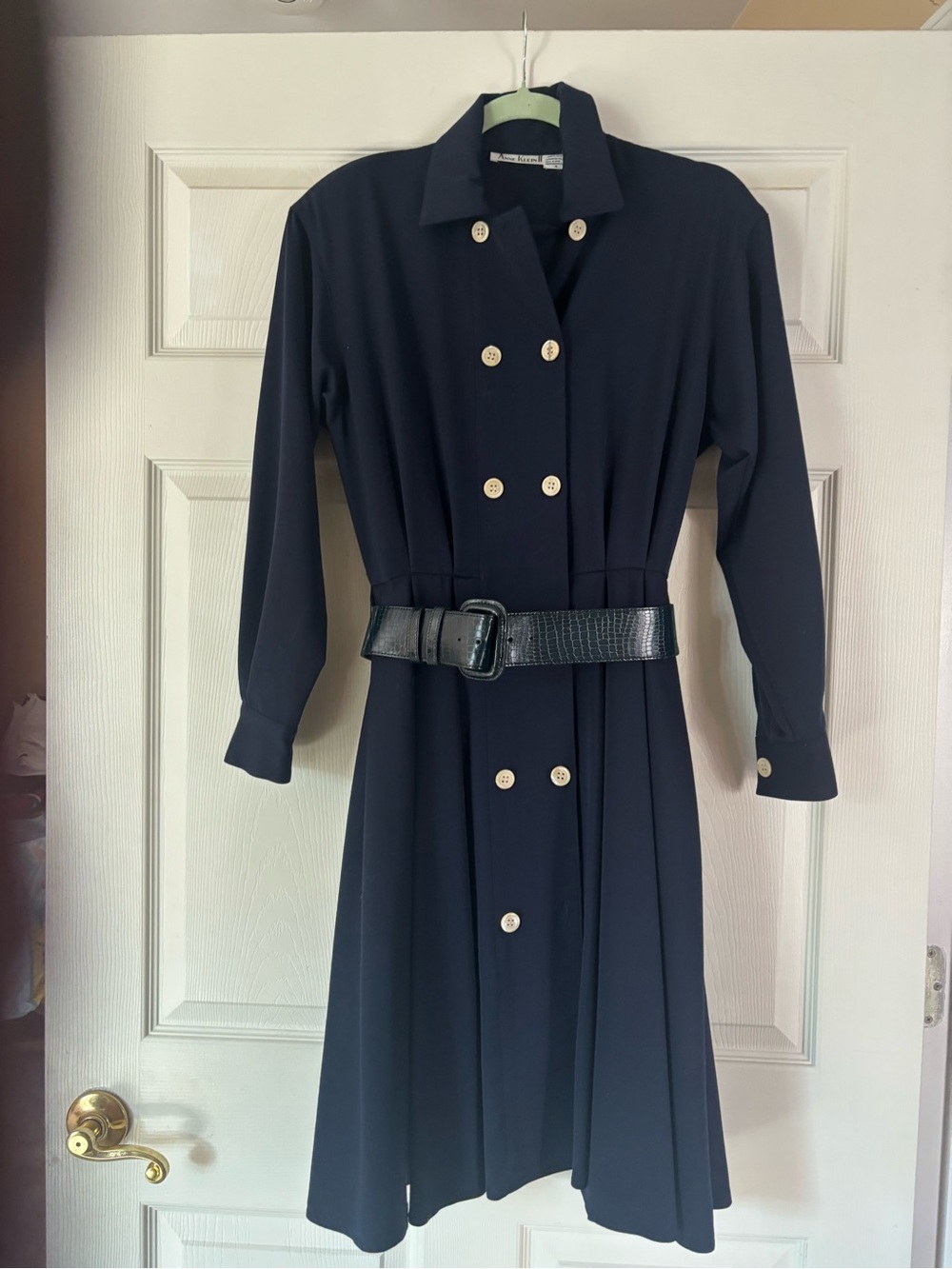 Anne Klein 100% Wool Navy Double-Breasted Belted Midi Dress
